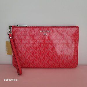 MICHAEL KORS Signature Logo Jet Set Large Top Zip Pouch/Wristlet- Geranium